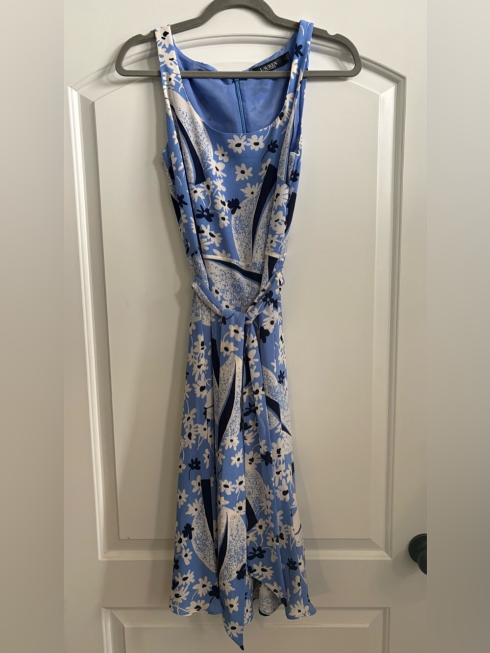 Ralph Lauren Sky Blue Floral Midi Dress with Navy & White Print